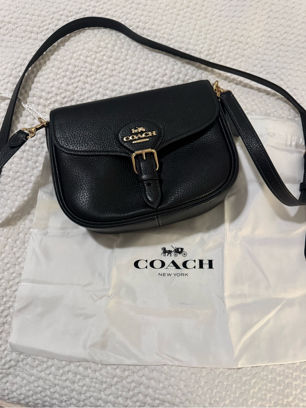Coach Black Pebbled Leather Crossbody Saddle Bag with Gold Hardware